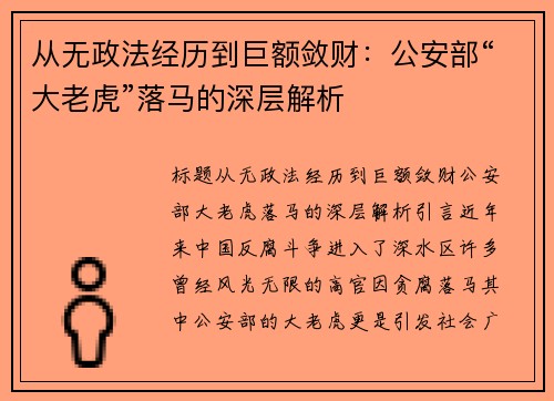 从无政法经历到巨额敛财：公安部“大老虎”落马的深层解析