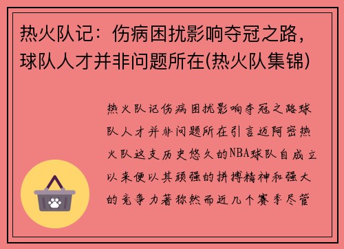 热火队记：伤病困扰影响夺冠之路，球队人才并非问题所在(热火队集锦)