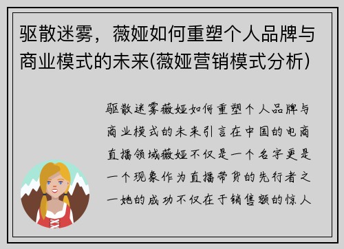 驱散迷雾，薇娅如何重塑个人品牌与商业模式的未来(薇娅营销模式分析)