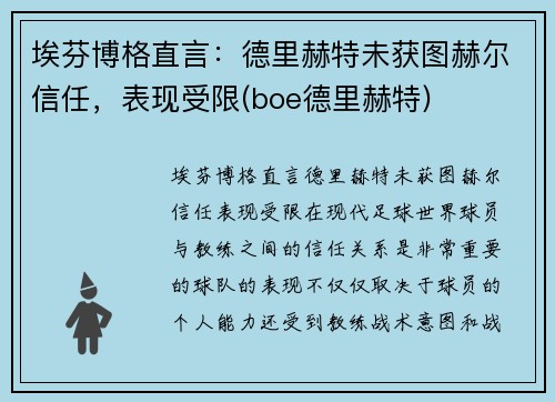 埃芬博格直言：德里赫特未获图赫尔信任，表现受限(boe德里赫特)