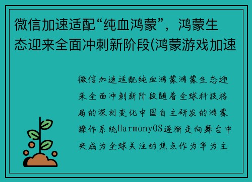 微信加速适配“纯血鸿蒙”，鸿蒙生态迎来全面冲刺新阶段(鸿蒙游戏加速)
