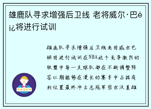 雄鹿队寻求增强后卫线 老将威尔·巴顿将进行试训