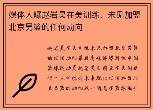 媒体人曝赵岩昊在美训练，未见加盟北京男篮的任何动向