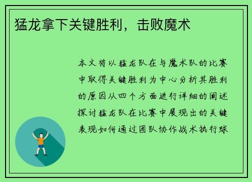 猛龙拿下关键胜利，击败魔术