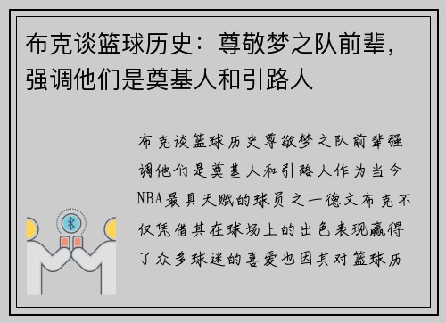 布克谈篮球历史：尊敬梦之队前辈，强调他们是奠基人和引路人