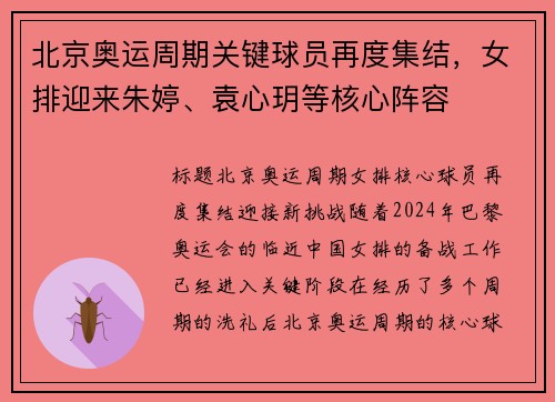北京奥运周期关键球员再度集结，女排迎来朱婷、袁心玥等核心阵容