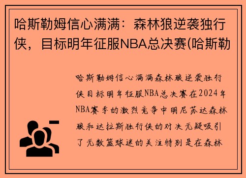 哈斯勒姆信心满满：森林狼逆袭独行侠，目标明年征服NBA总决赛(哈斯勒姆总篮板)