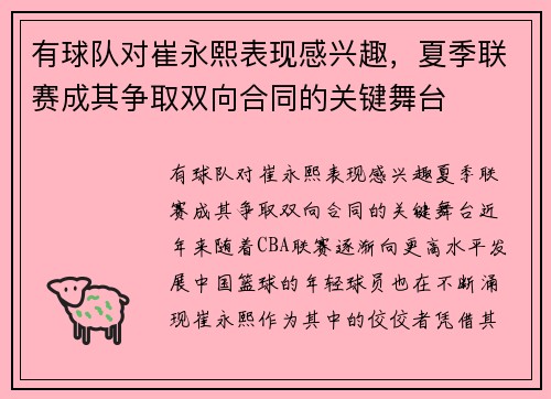 有球队对崔永熙表现感兴趣，夏季联赛成其争取双向合同的关键舞台